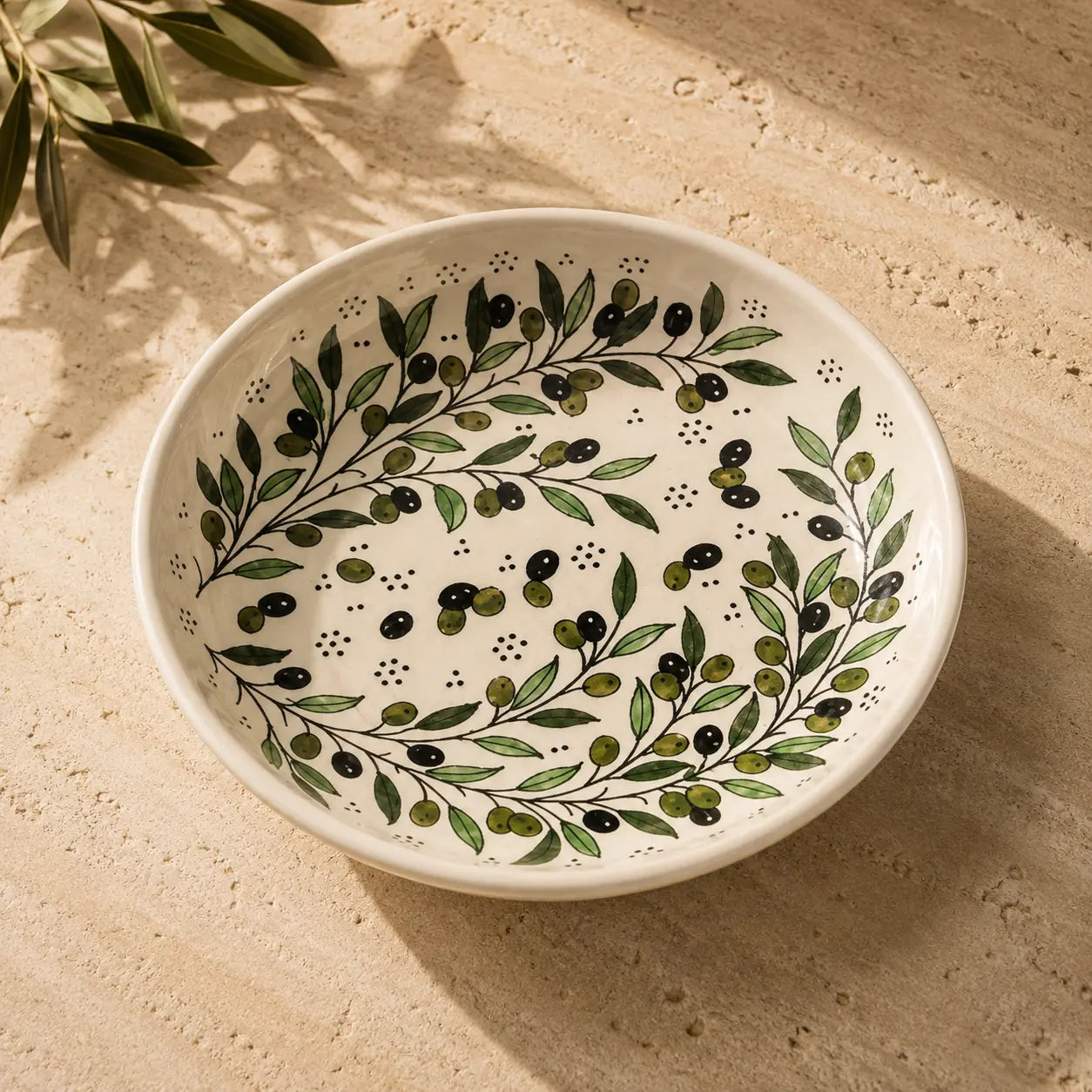 Large Handmade Ceramic Serving Bowl 35 cm – Palestinian Zatoun Branch Salad & Fruit Bowl, Decorative Tableware