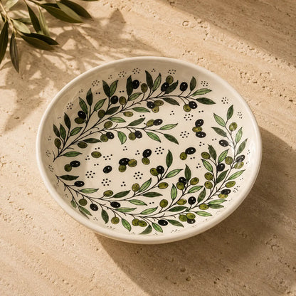 Large Handmade Ceramic Serving Bowl 35 cm – Palestinian Zatoun Branch Salad & Fruit Bowl, Decorative Tableware