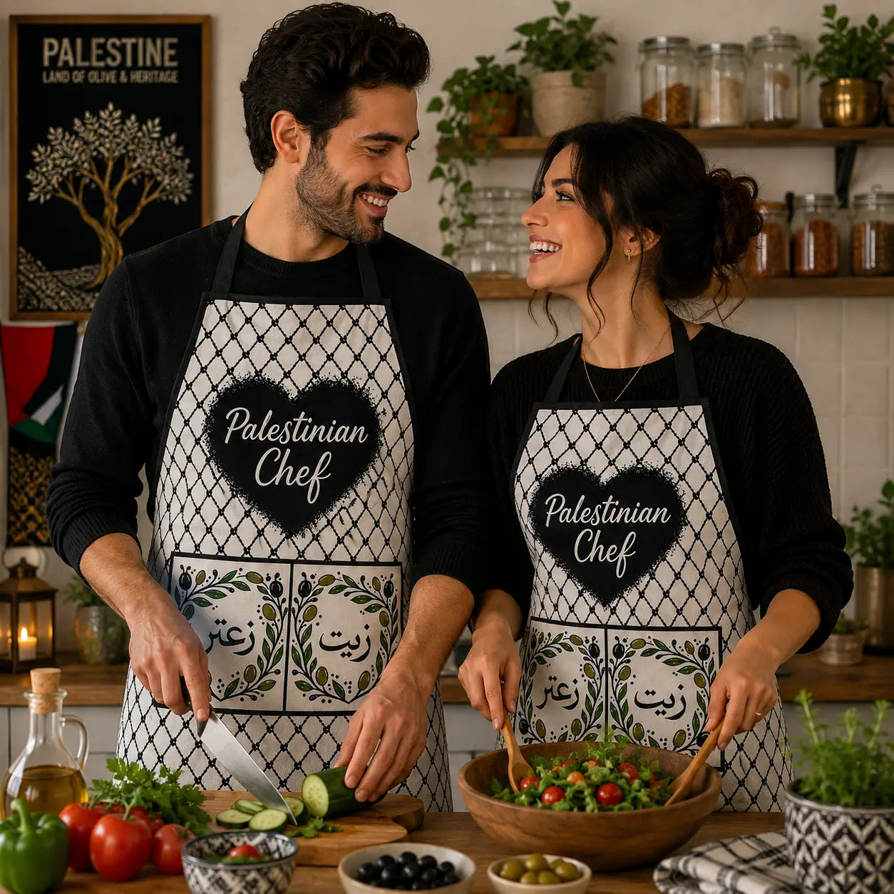 Palestinian Tatreez Chef Apron – Kufiya Olive Wreath Design