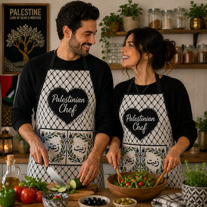 Palestinian Tatreez Chef Apron – Kufiya Olive Wreath Design