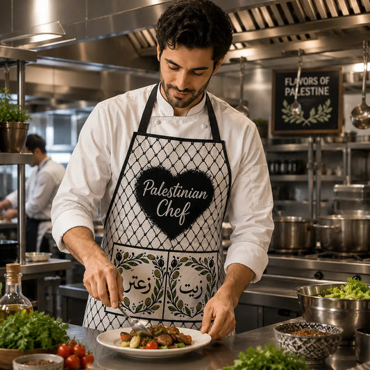 Palestinian Tatreez Chef Apron – Kufiya Olive Wreath Design