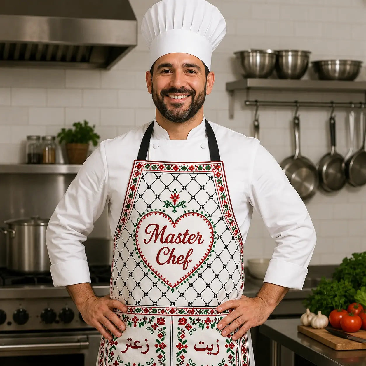 Palestinian Tatreez Apron – Kufiya Mesh with Ramallah Wardat Design