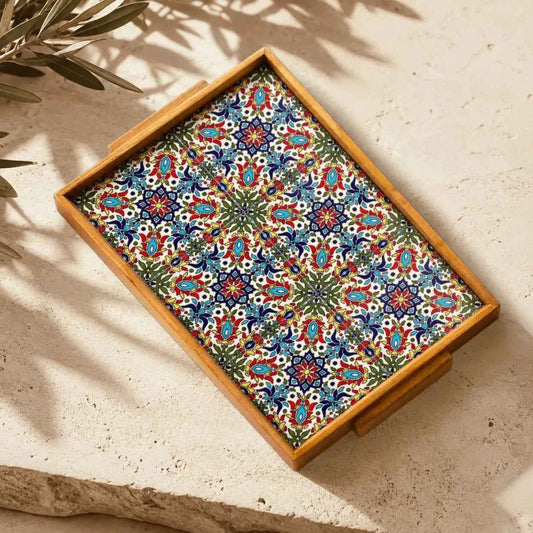 Palestinian Olive Wood & Ceramic Serving Tray 24x45cm – Handmade Tableware Decor
