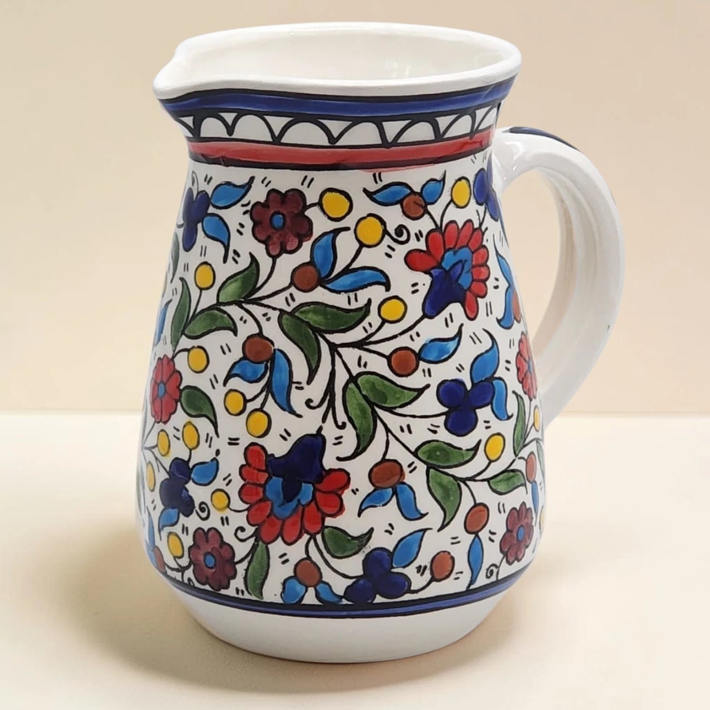 Haleeb Handmade Ceramic Pitche r0.8 L – Palestinian Pottery – Blue Floral, Colorful Floral & Zatoun Designs