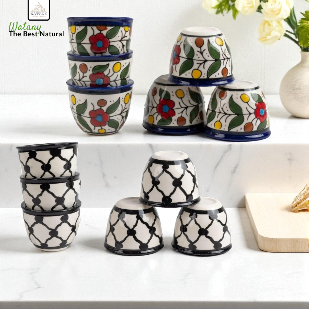 Palestinian Ceramic Coffee Cup Sets – Floral & Kuffia Design