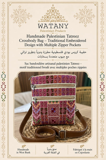 Handmade Palestinian Tatreez Crossbody Bag with Zipper Pockets