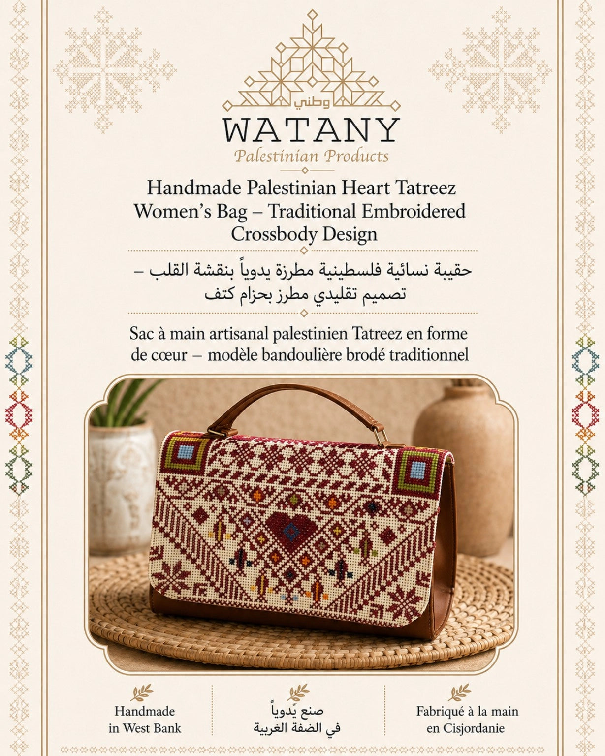 Palestinian Tatreez Crossbody Bag – Handmade Embroidered Shoulder Purse