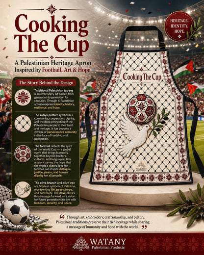Palestinian Tatreez Apron | Cooking the Cup Heritage Kitchen Apron with Kufiya & Football Design