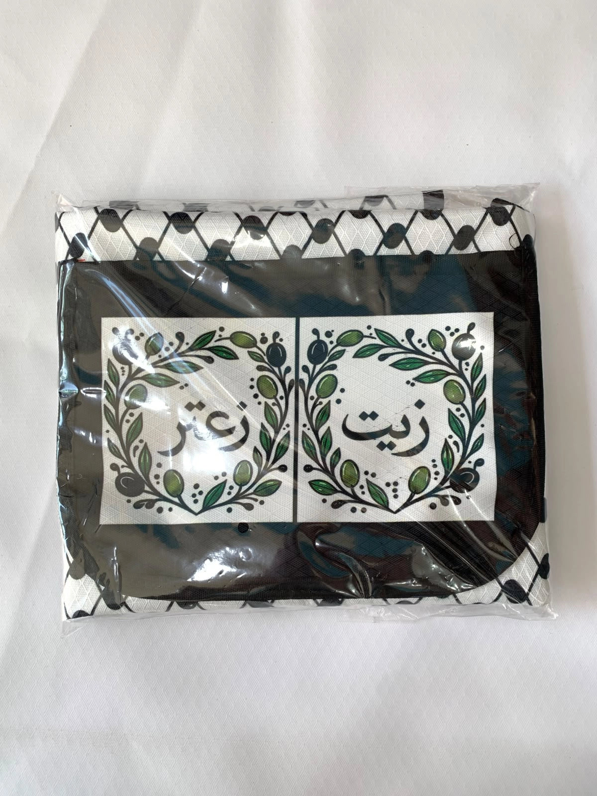 Packaged product with decorative labels on a white background