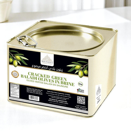 Green Baladi Olives Jenin 5KG – Authentic Palestinian cracked olives packed in brine with herbs, imported by Watani & Sons Corp