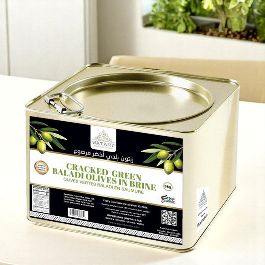 Green Baladi Olives Ramallah 5KG – Traditional Palestinian hand-cracked olives in brine with lemon, herbs, and hot peppers
