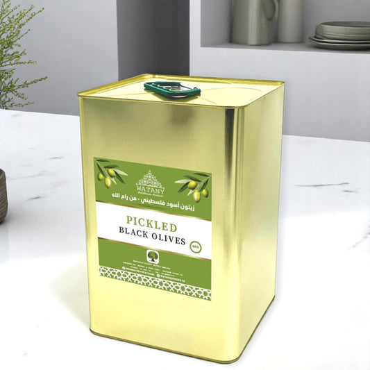 Black Olives Ramallah 5KG – Traditionally cured Palestinian olives in natural brine with herbs, packed in a metal tin
