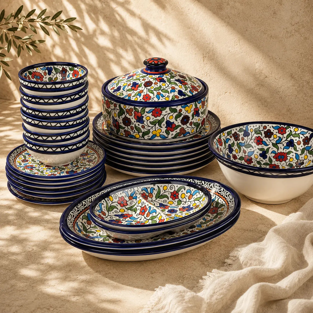 Set of ceramic dishes with floral patterns on a beige surface