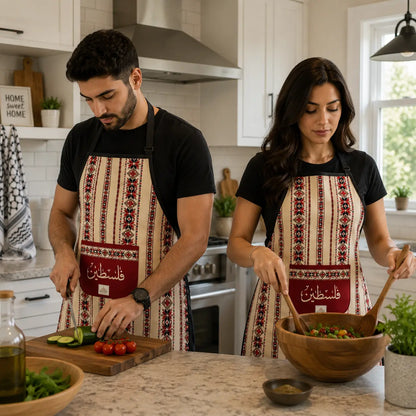 Palestinian Tatreez Cooking Apron – Traditional Embroidered Heritage Kitchen Apron with Pocket