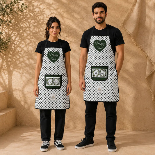 Two people wearing black and white checkered aprons with a brand logo against a beige wall.