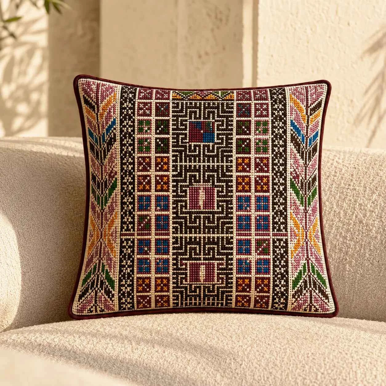 Palestinian Tatreez Cushion Cover | Dark Maze 18" x 18"