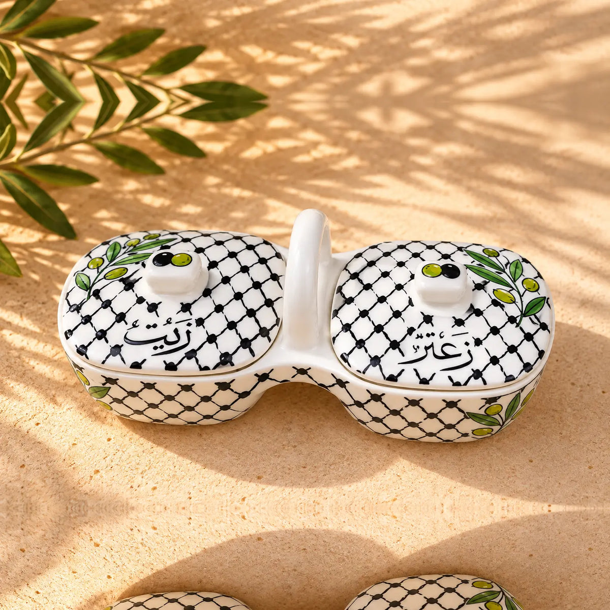 Handmade Ceramic Olive Oil & Za'atar Dish Set – 4.5 × 9.5 in