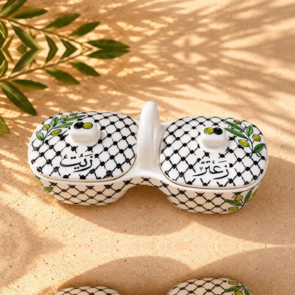 Handmade Ceramic Olive Oil & Za'atar Dish Set – 4.5 × 9.5 in