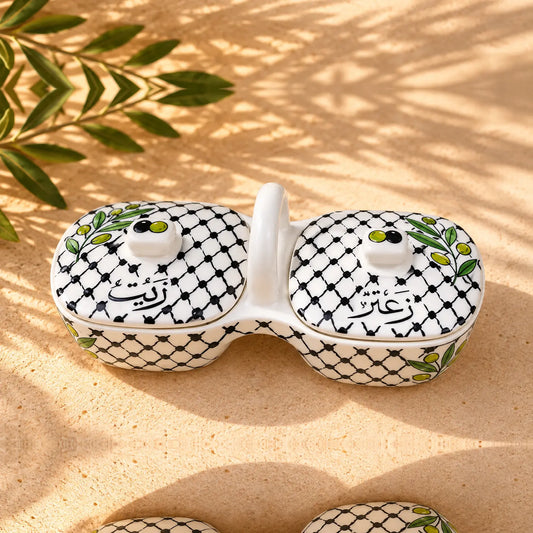 Handmade Ceramic Olive Oil & Za'atar Dish Set – 4.5 × 9.5 in