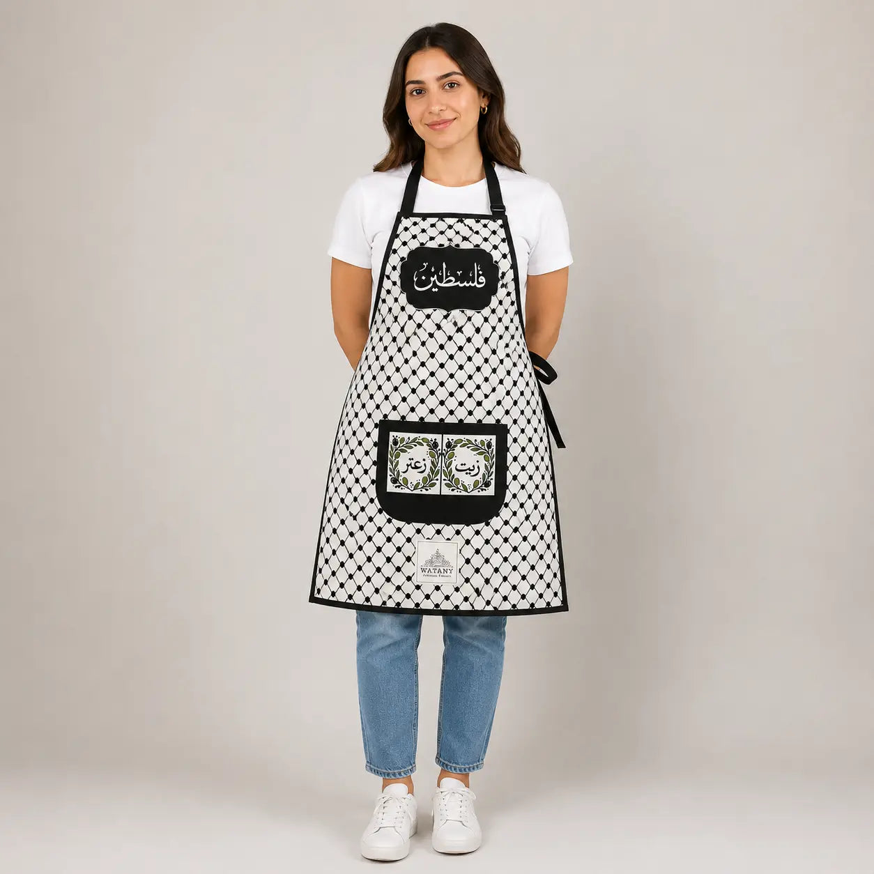 Palestinian Keffiyeh Cooking Apron – Olive Oil & Za’atar Heritage Kitchen Apron with Pocket