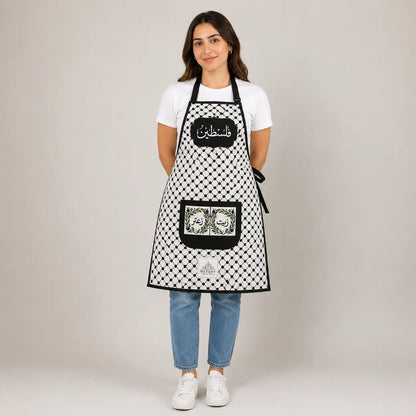 Palestinian Keffiyeh Cooking Apron – Olive Oil & Za’atar Heritage Kitchen Apron with Pocket