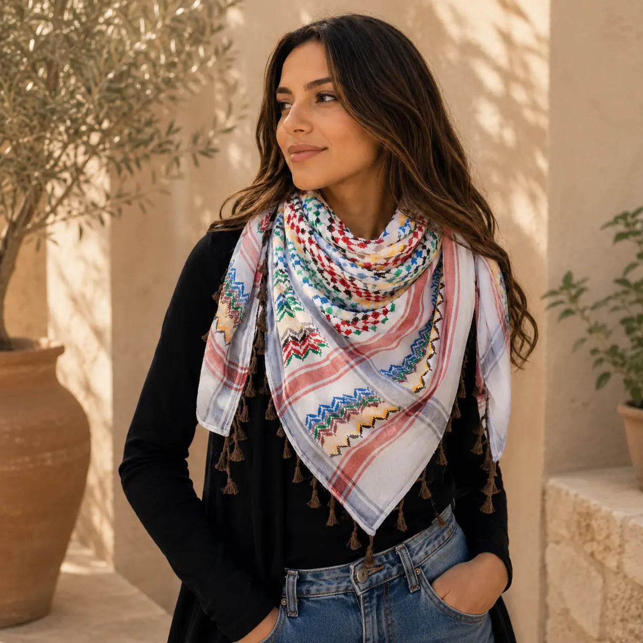 White Palestinian Keffiyeh Scraf with colourful heritage patterns - Kufiya - Al-Turath