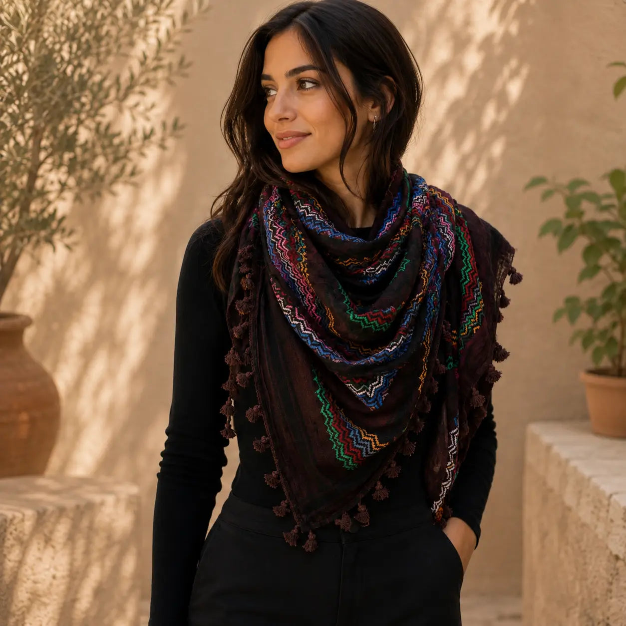 Black Palestinian Keffiyeh Scraf with colourful embroidery - Kufiya - Sumud