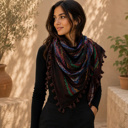 Black Palestinian Keffiyeh Scraf with colourful embroidery - Kufiya - Sumud