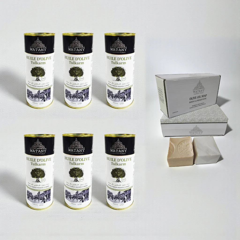 Coffret de 6 bouteilles d'huile d'olive Tulkarm (1 L) et de savons à l'huile d'olive