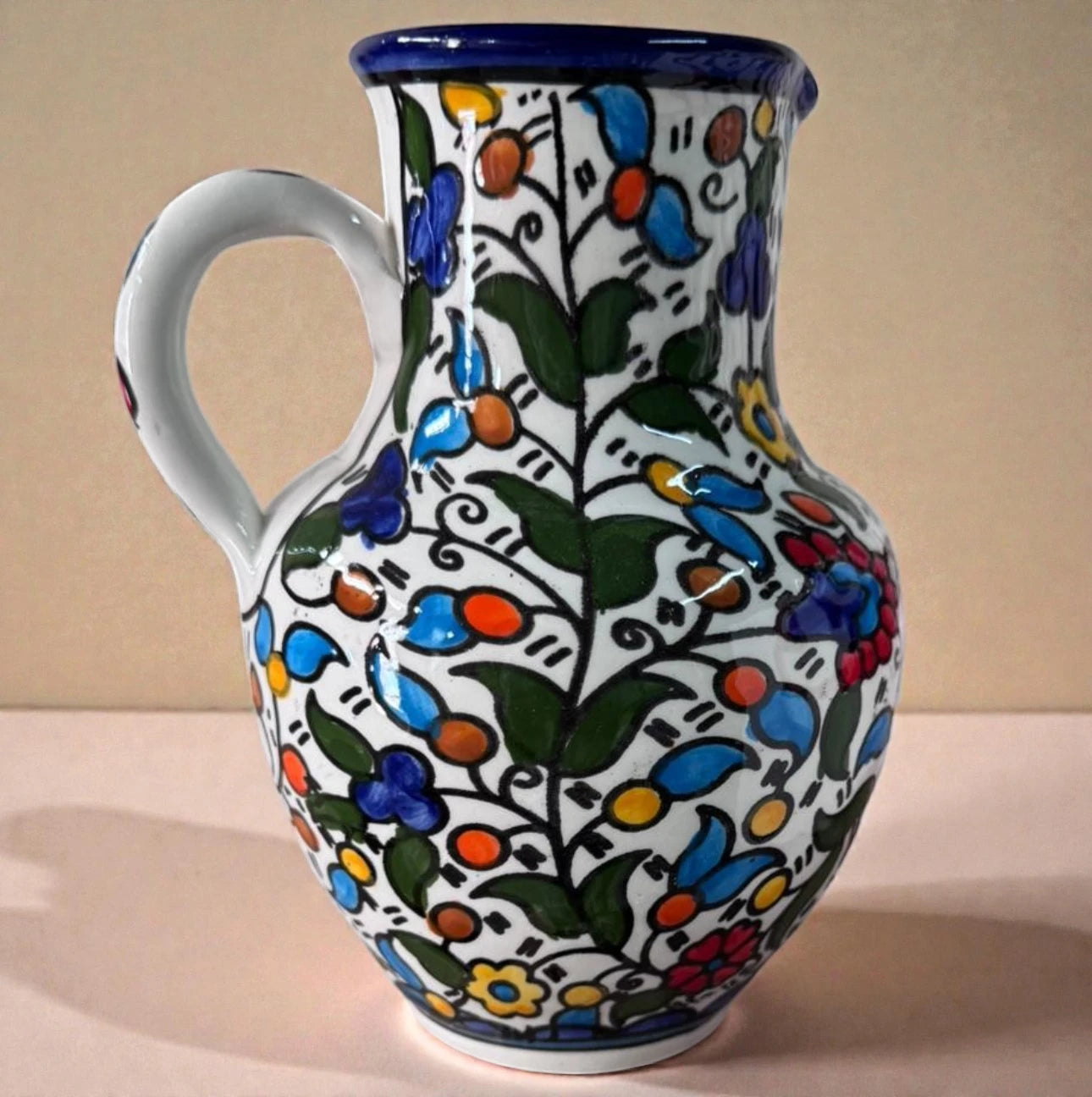 Handmade Palestinian Ceramic Pitcher  – Floral Pottery Jug for Water, Flowers & Mediterranean Home Decor.