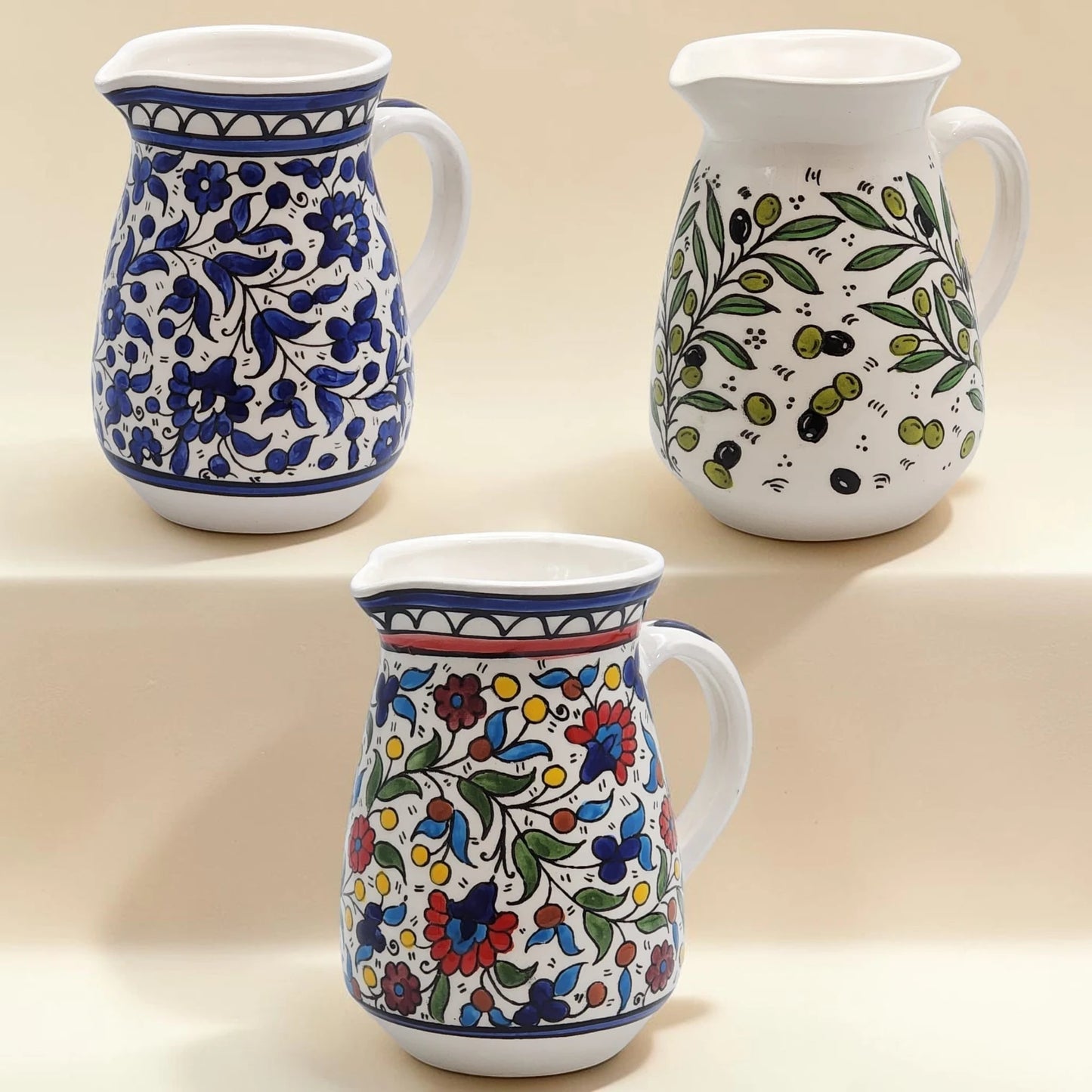 Haleeb Handmade Ceramic Pitche r0.8 L – Palestinian Pottery – Blue Floral, Colorful Floral & Zatoun Designs