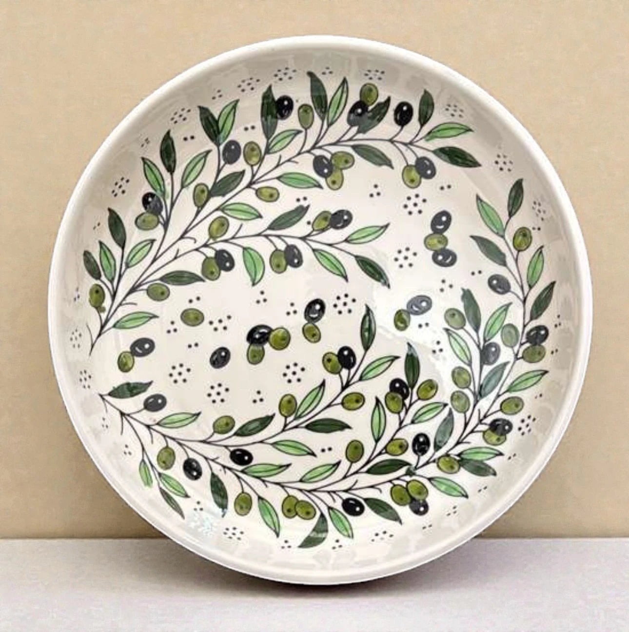 Large Handmade Ceramic Serving Bowl 35 cm – Palestinian Zatoun Branch Salad & Fruit Bowl, Decorative Tableware